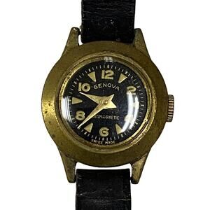 Genova Antimagnetic Gold Tone Black Dial Swiss Made Watch w/ Black Leather Band